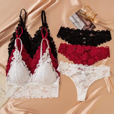 Plus Size Lace Wireless Push-Up Bra Set - Anti-Sagging Triangle Cup Lingerie
