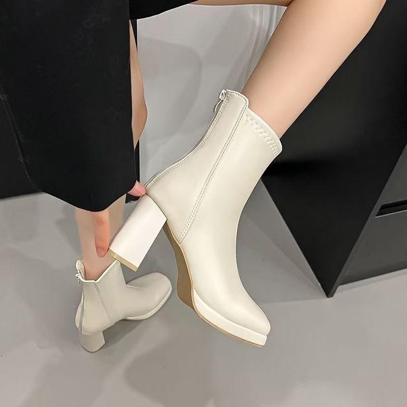 High Heel Short Boots Women's Comfortable White Thick Heel Small Elastic Skinny Boots Martin Boots Foreign Style