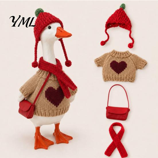 Polyester Goose Outfit 7 Inch Desk Outfits, 4 Pcs Knitted Sweater Hat Scarf Tabletop Clothes Crossbody Bag Winter Holiday Accessory for Office, Shelf,