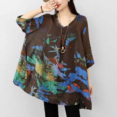 DIMANAF 2026 Summer New Plus Size Women T-Shirts Casual Flower Print Vintage Blouse Shirts Lady Tops Tees Cotton Oversized