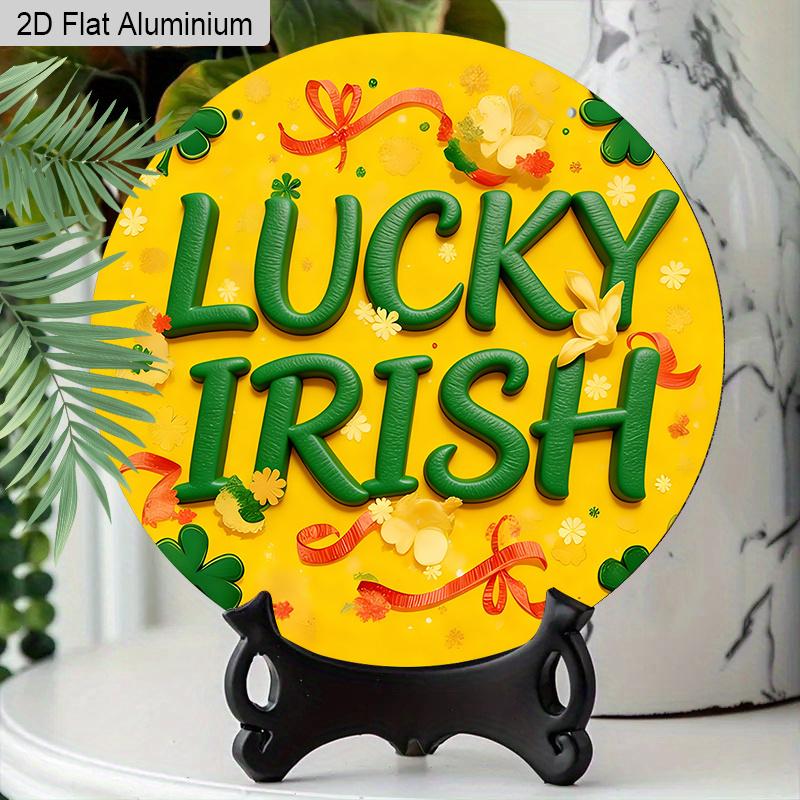 2D Flat Aluminum St. Patrick s Day Lucky Irish Round Aluminum Sign, Metal Hanging Plaque with Shamrock & Ribbon Design, Yellow and Green Irish Themed 1pc