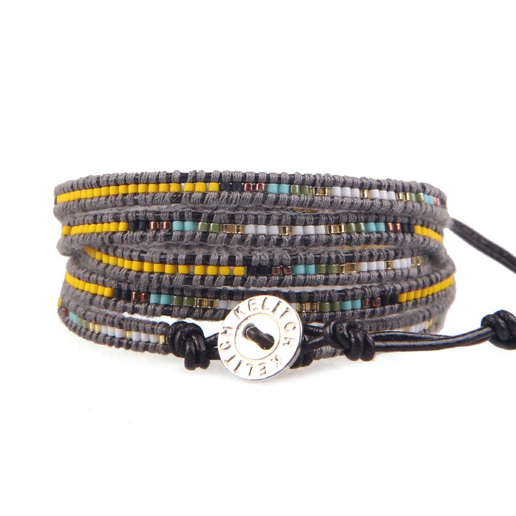 KELITCH Bohemian Style Mini Seed Bead Chain Intricate Leather Bracelet