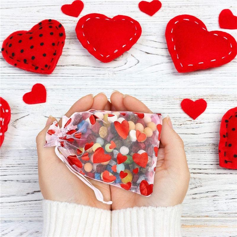 20pcs Valentine's Day Red Love Heart Organza Bags Wedding Party Gift Candy Drawstring Bag Jewellery Pouches Display Decoration