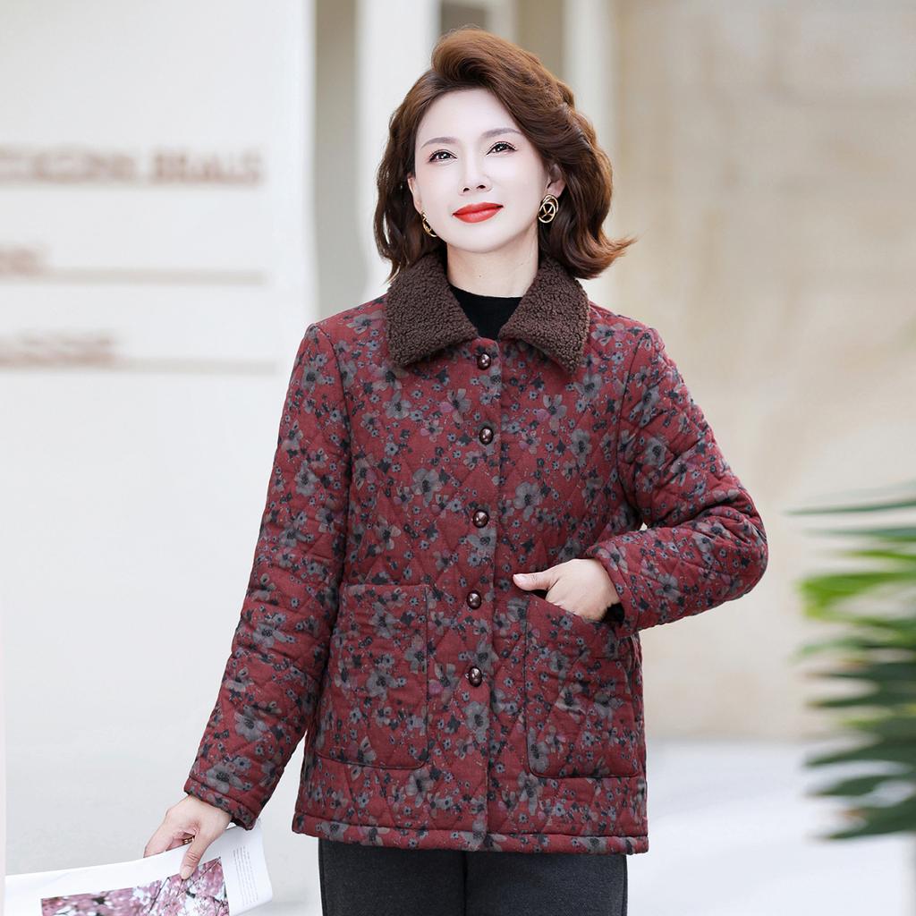 Women's floral winter warm cotton-padded jacket, new winter velvet thickened old cotton-padded jacket