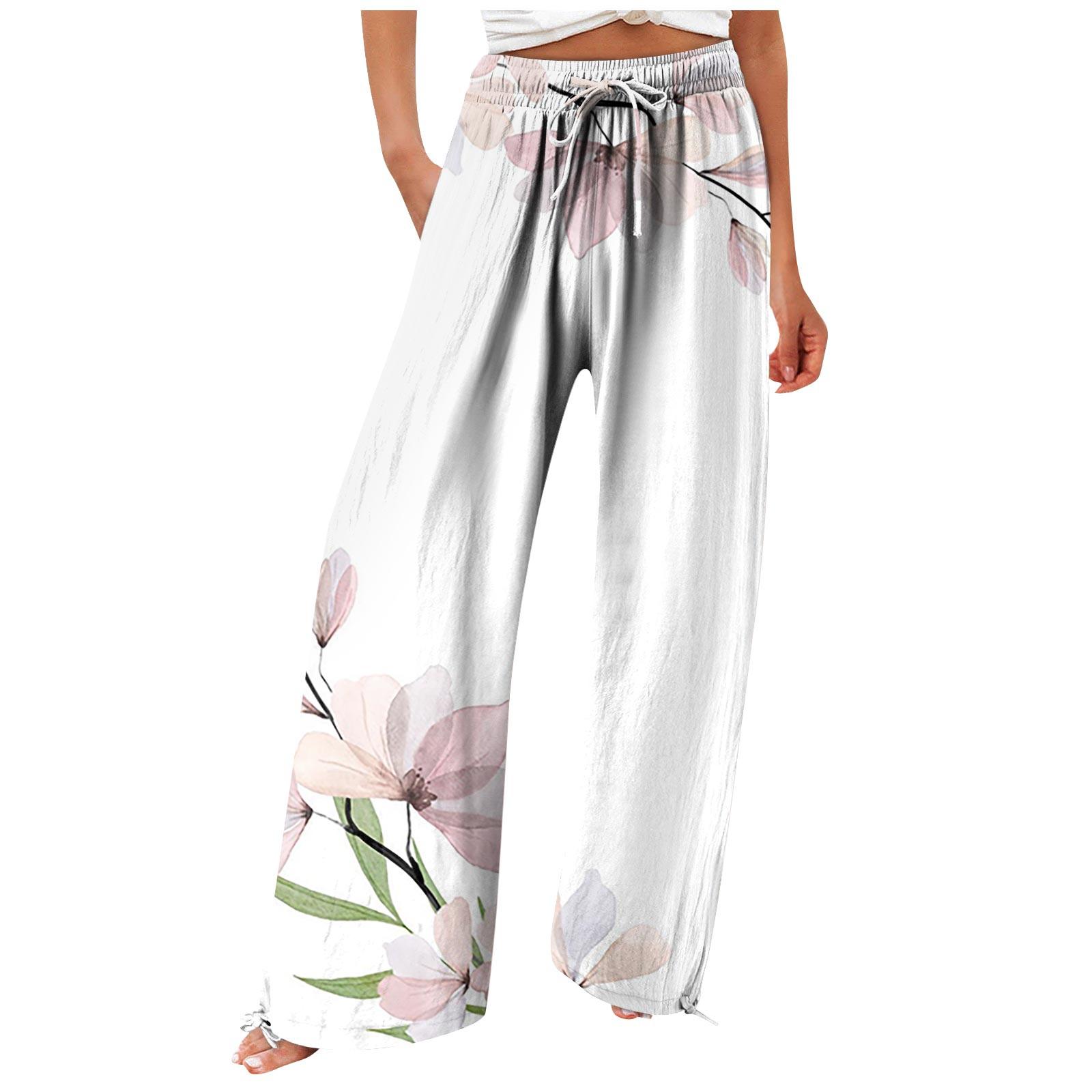 Women s Fashion Printed High Waist Loose Casual Trousers Casual Trousers S белый
