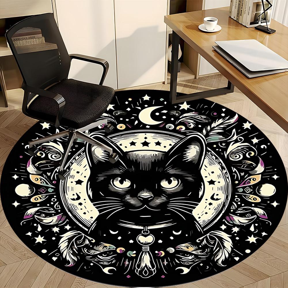 1 szt. Okrągły dywanik biurowy z kotem i księżycem, Mata odpowiednia do biura, Pod krzesła biurowe, Sypialni, Salonu, Wystroju domu, Dekoracja pokoju