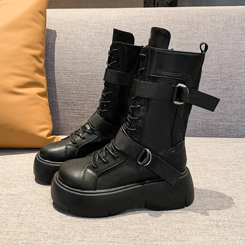 

Мотоботы Женская обувь Английский стиль Универсальная мода На шнуровке Короткие ботинки Круглый носок Толстая подошва Черный материал из полиуретана Взрослый 40 чёрный