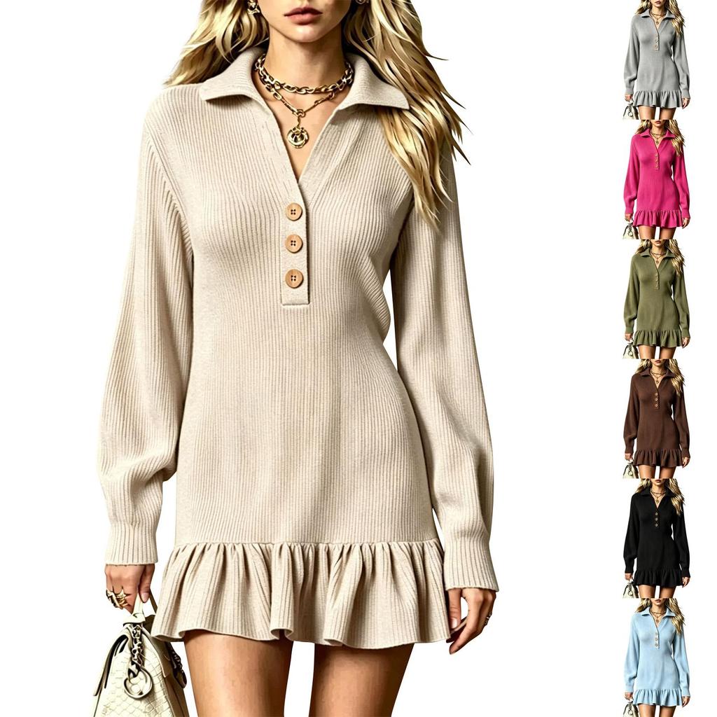 Women's Ribbed Knit Long Sleeve Ruffle Hem Dress with Button Collar and Ruffle Sleeves