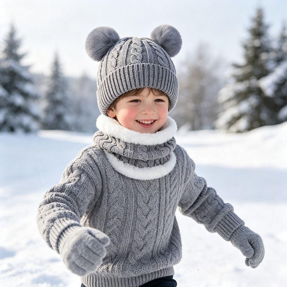 3Pcs/Set Winter Knitted Hats Scarfs Warm Bonnet Gloves Kits Children Scarf Hat Gloves Set Outdoor