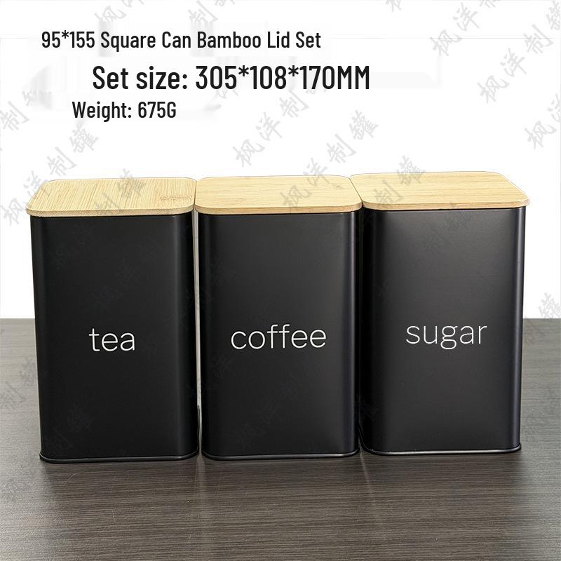 Bamboo Lid Tin Box for Sugar, Tea, and Coffee In Minimalist Style