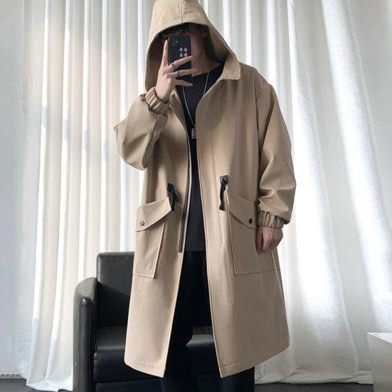 Men Trench Coat Hooded Loose Mid Length Big Pockets Long Sleeve Windproof Solid Color Zipper Closure Anti-wrinkle Elastic Cuff Streetwear Men Coat