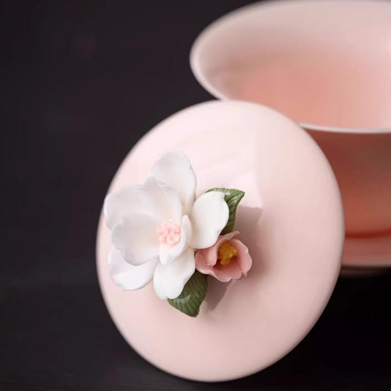 Pink Floral Gaiwan Hover Ceramic Bowl Chinese Kung Fu Gongfu Tea Set Household Teacup Retro Saucer Tea Tureen Teaware Drinkware