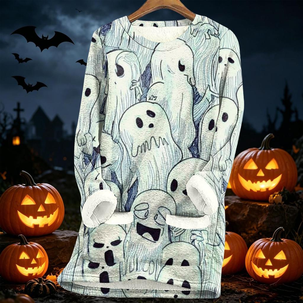 Long Sleeve Fleece Lined Pullover Sweatshirt with Halloween Print Thickened Sherpa Lining Warm Casual Loose Fit Top for Women Autumn Winter