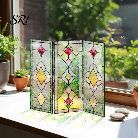 Colorful Folding Screen Mini Decorative Stained Glass Effect 3 Panel Divider Acrylic Desktop Office Desk Decoration Ornament for Home Living