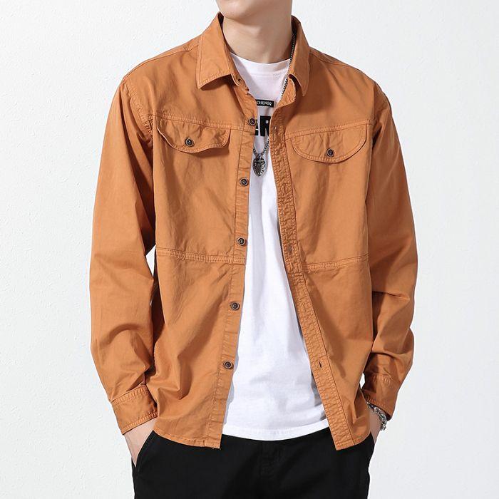 Men's Casual Long-Sleeved Shirt Trendy Brand Loose Fit Cotton Stretch Versatile Cargo Jacket Autumn Top