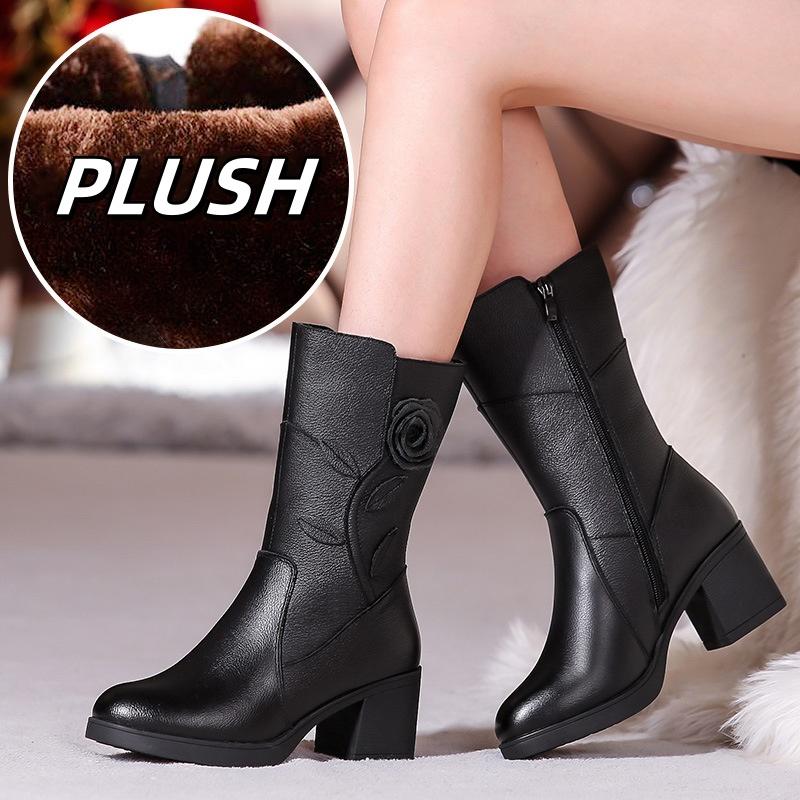 

Women s Female Ladies Mother Genuine Leather Mid Calf Boots Shoes Warm Fur Plush Winter Zipper Flower Commute Non-Slip 42