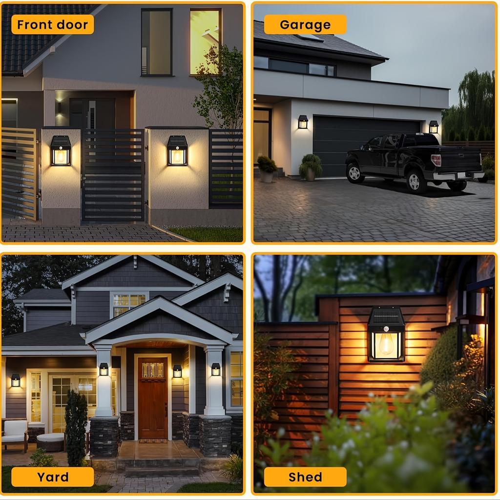 Warm Light Porch Lights, Solar Wall Lights Outdoor, Wall Porch Light Motion Sensor with 3 Lighting Modes, Outdoor Wall Lights for Garage Shed Door Yar