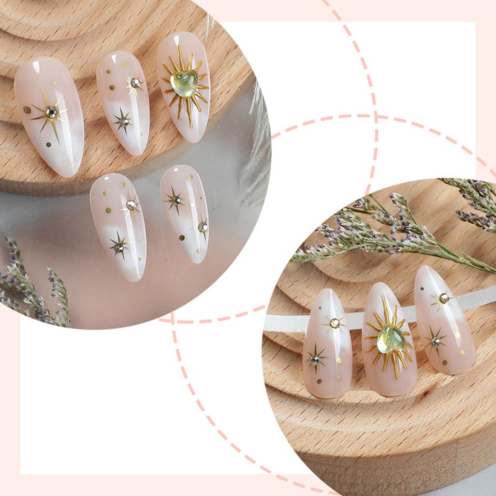 24 Pieces Almond Press On Nail French Style Artificial Nail with Glossy Star Moon Sun Design for Women and Girls