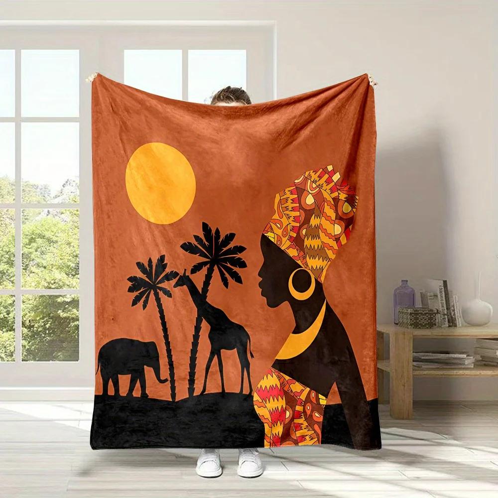 Cozy African Savanna Print Flannel Throw Blanket Soft Reversible Design with Giraffe Elephant Woman Silhouettes Warm Reddish T