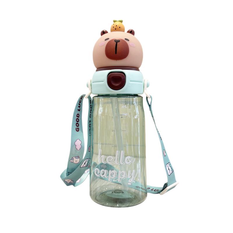 Cartoon Bear Straw Cup: Portable Flip-top Water Bottle with Lanyard