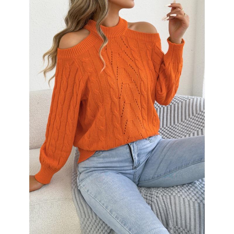 Womens Casual Solid Off Shoulder Long Sleeve Pullover Sweater