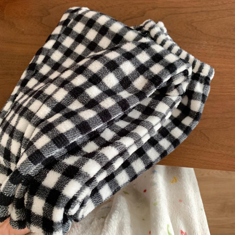 Women's Flannel Plaid Sleep Pants - Autumn/Winter Velvet Warm Coral Fleece Pajama Bottoms