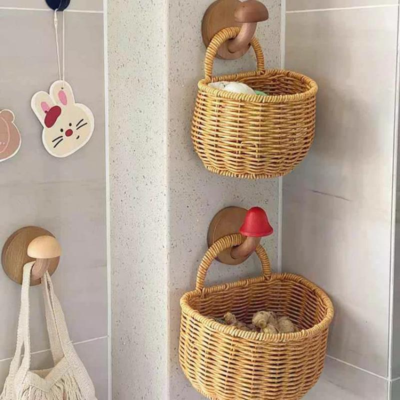 Kitchen Storage Basket With Handle Cute Wall Hanging Woven Basket Kawaii Hanging Storage Basket Kitchen Sundries Organizer