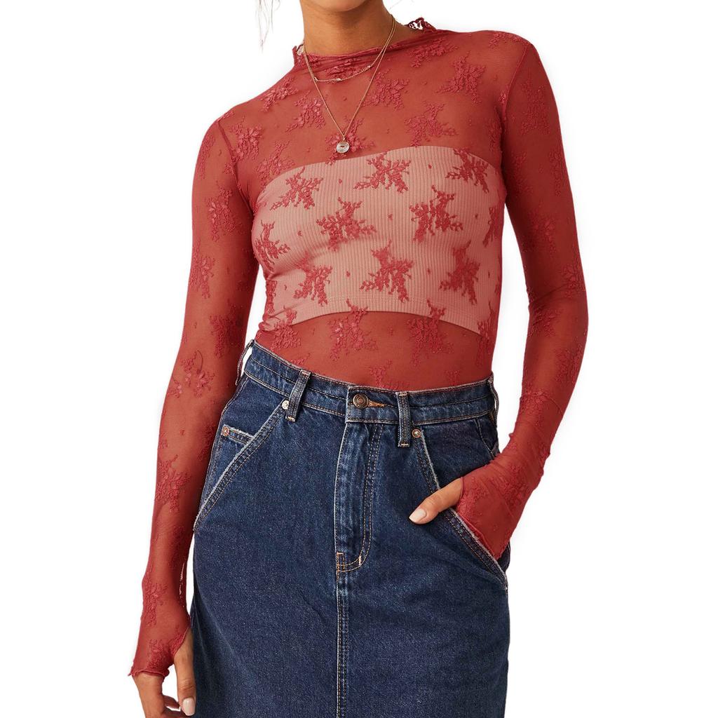 Women Long Sleeve T-Shirts Mesh See-Through Mock Neck Lace Shirts Spring Fall Slim Fit Tops Streetwear