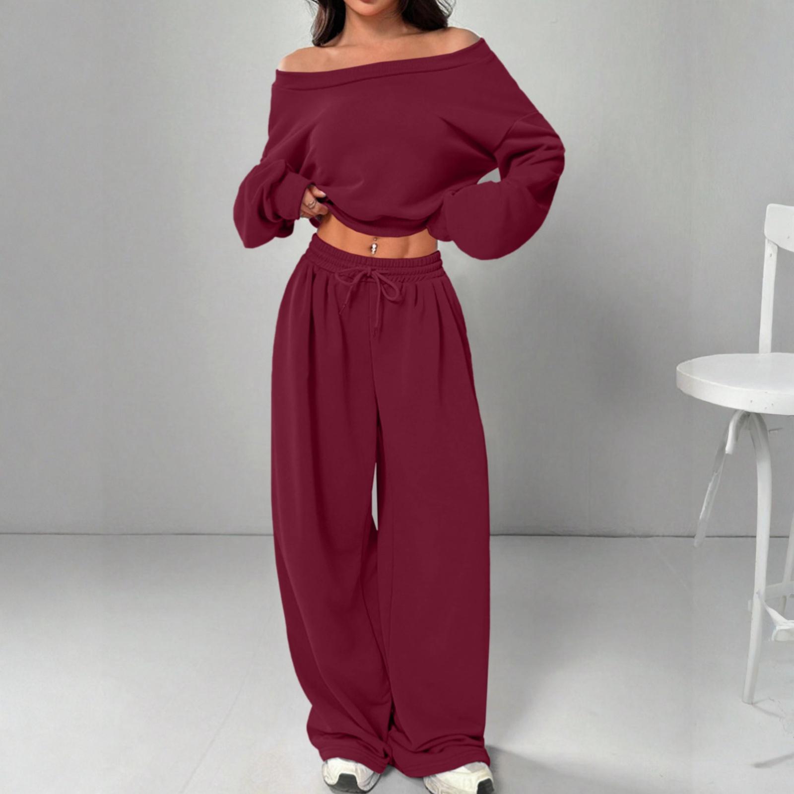 

Fashionable Women s Off-shoulder Fitted Waist Casual Sweatshirt Set XL винний