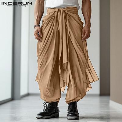 Mens Elastic Waist Layers Ruffled Solid Color Casual Harem Pants Long Trousers