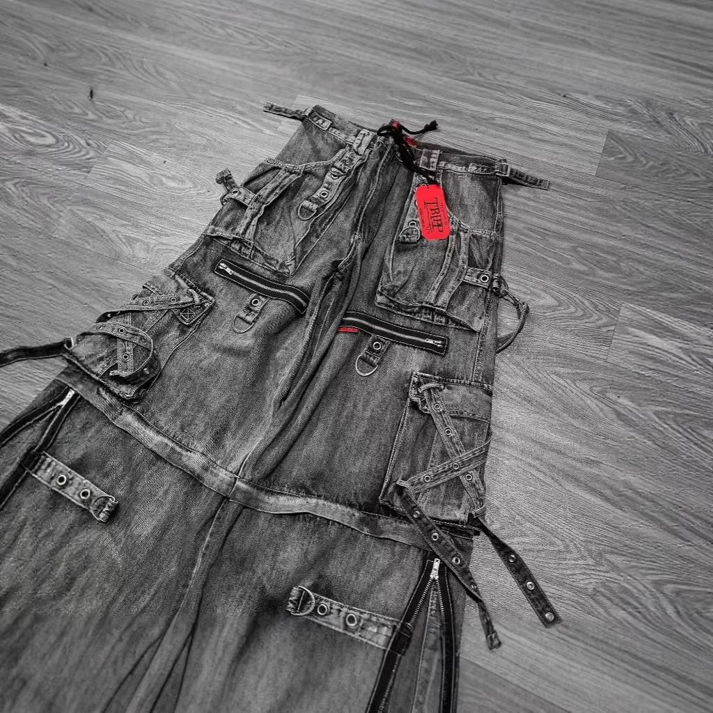 BeatStreet Jeans Pesados Lavados Vintage Pantalones Cargo Y2K Hombres Mujeres Hip Hop Multi Bolsillo Jeans Holgados Pantalones de Pierna Ancha de Cintura Baja