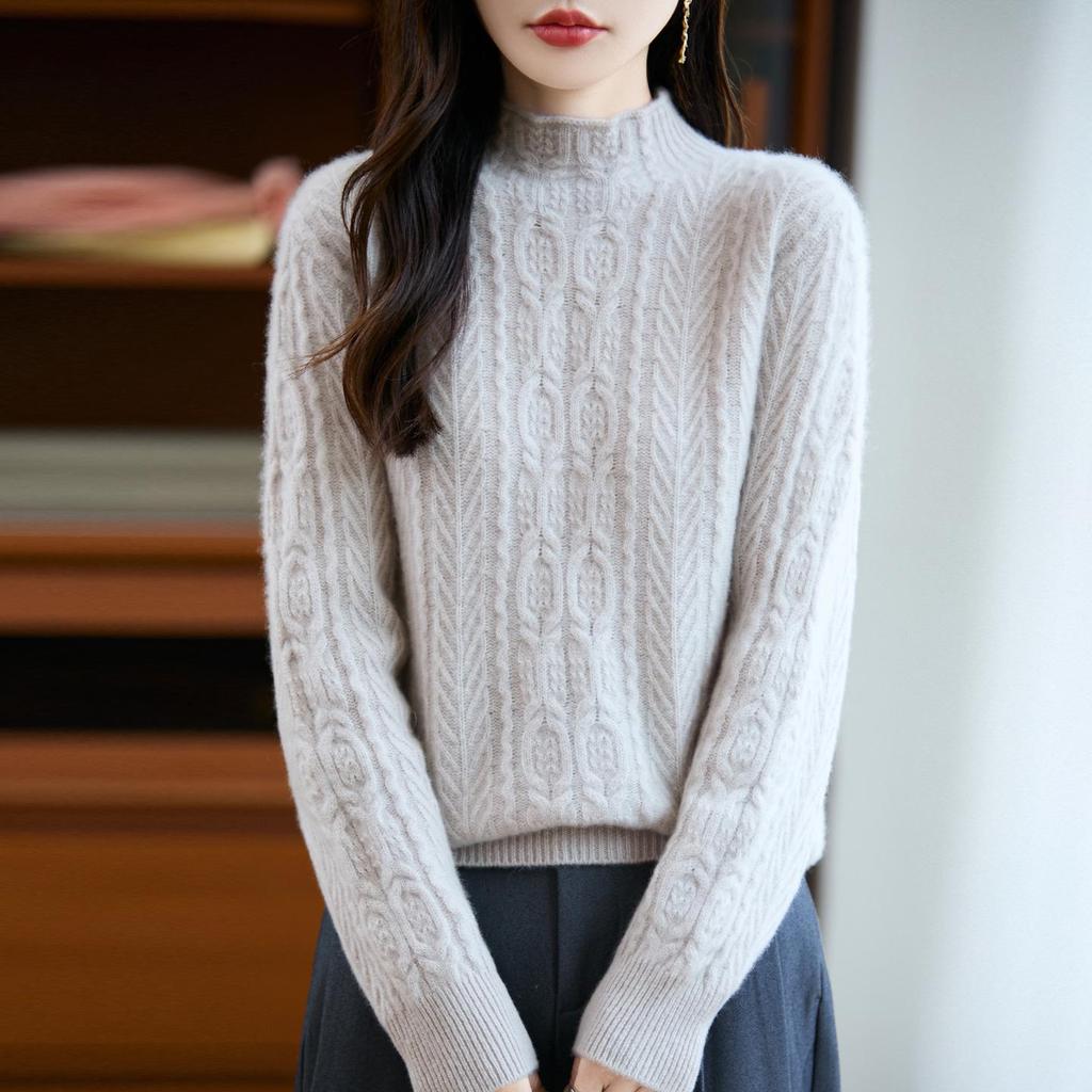Women's Heavyweight Thickened Wool Sweater - Half-High Neck Cable Knit Autumn Winter Warm Loose Fit Knitwear, 100% Wool.