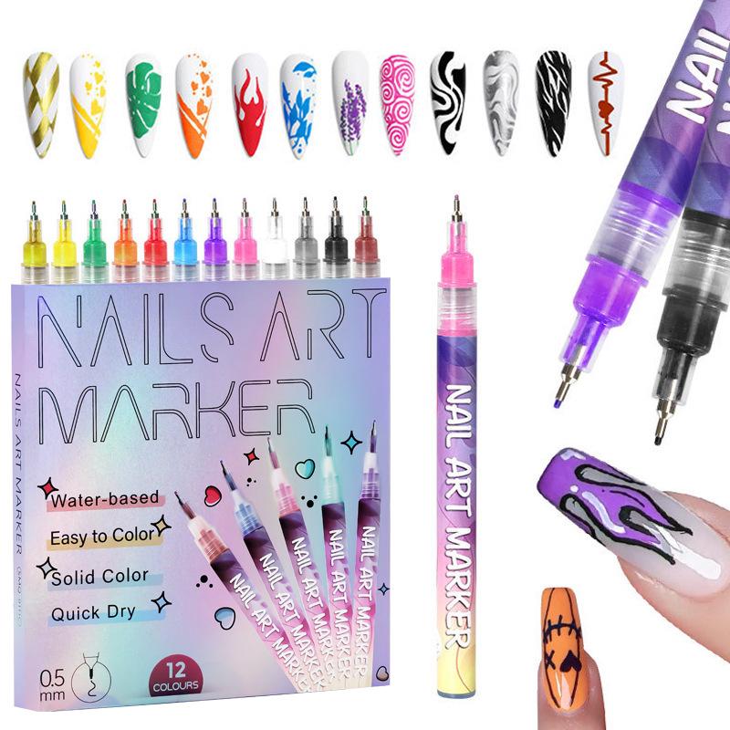 12-Color Waterproof Nail Art Graffiti Pen 0.5mm Quick-Drying Nail Painting Marker