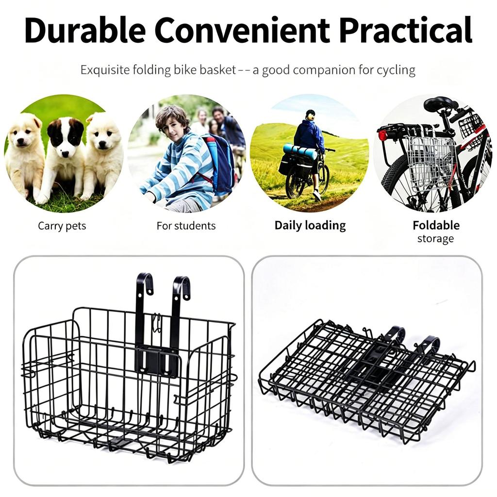 Bike Basket, Heavy-Duty Metal Wire Bicycle Basket with Hooks, Quick Install, Rust-Resistant, Large Capacity for Grocery Shopping Pets Daily Commuting