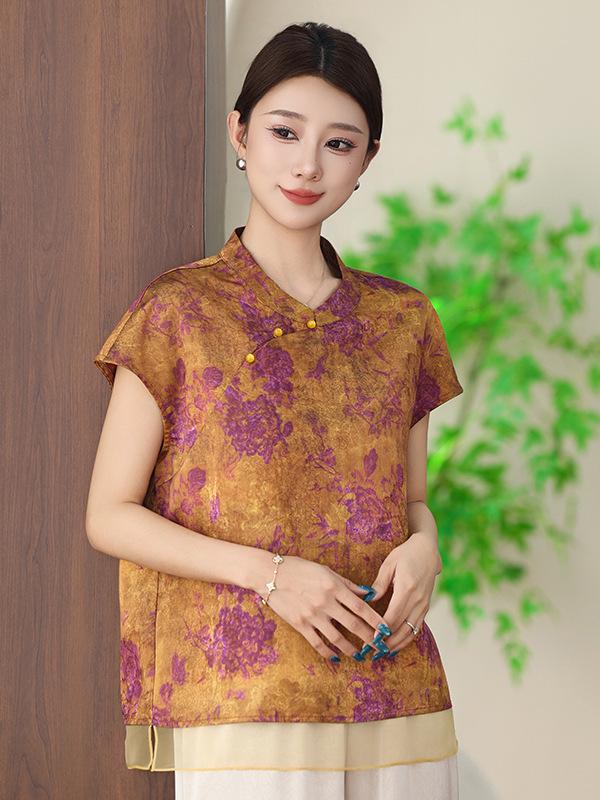 Summer Casual Chinese Style Suit: Diagonal Lapel Top with Frog Buttons for Middle-Aged Women - Lightweight Two-Piece Set