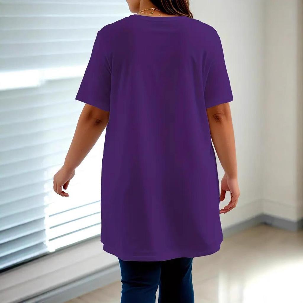 Damski top wiosenno-letni, damski luźny T-shirt w dużych rozmiarach, z rozcięciem, z okrągłym dekoltem