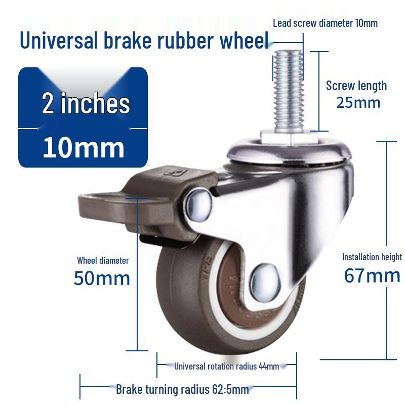 Rueda giratoria de goma universal con freno y rodamiento silencioso - Rosca M6/M8/M10/M12, Rodillo blando