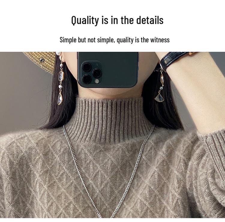 Women's Cashmere Diamond Knit Pullover: Half-High Collar, Thick, Loose-Fit, Korean Style Winter Sweater.