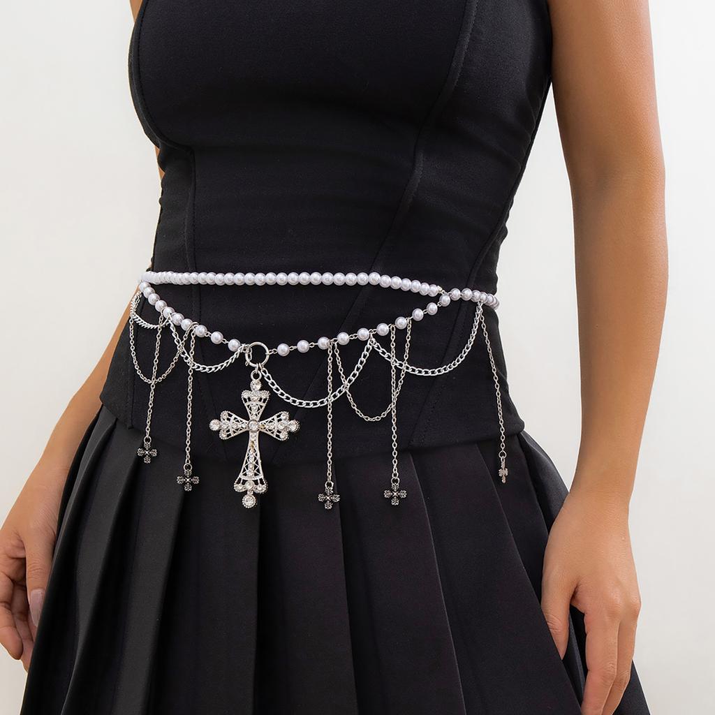 Tassel Cross Artificial Pearl Waist Chain Lustrous Belly Chain for Female Girls Cyberpunk Waist Decor Women Accessories