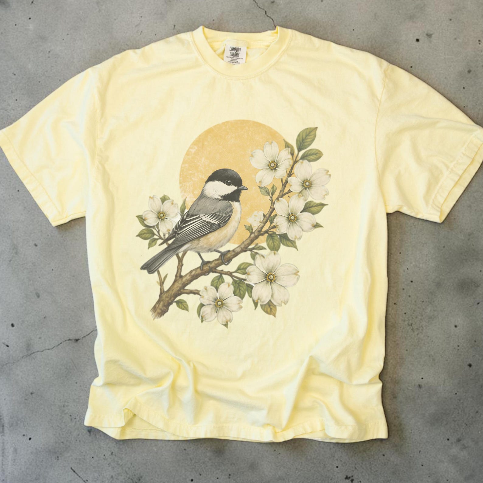 Chickadee Bird Shirt, Unisex Comfort Colors Tee, Vintage Floral Bird Shirt, Bird Lover Gift, Cottagecore Shirt, Bird Watching Shirt S