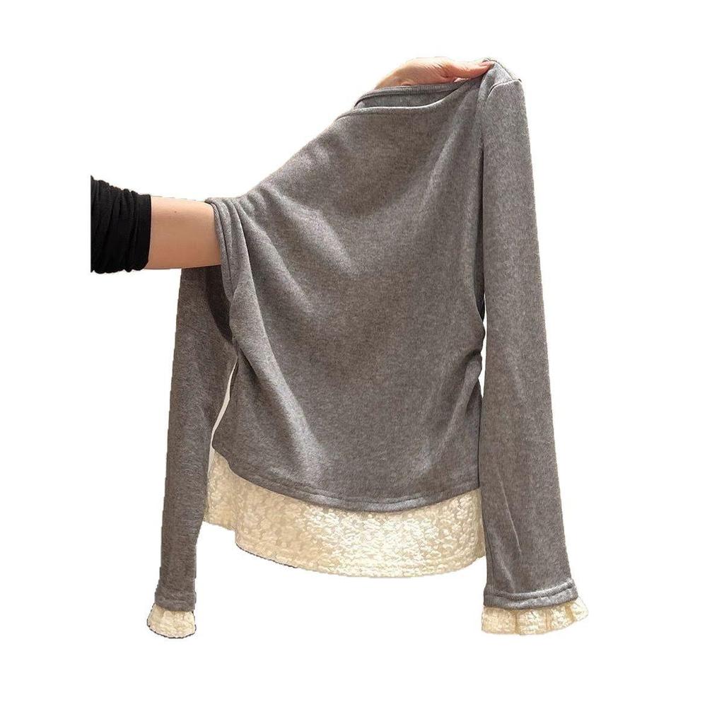 Women's Ruched One-Shoulder Long-Sleeve Top with Lace Hem, Perfect for Early Spring