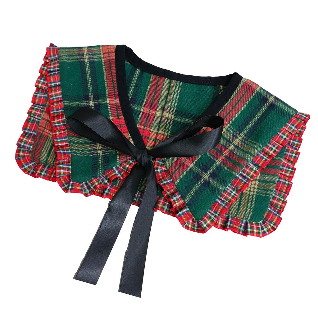 Women Vintage Checkered Plaids False Collar Sweet Ruffled Trim Elegant Lapel Shawl Scarf Bows Tie Mini Ponchos Capelet