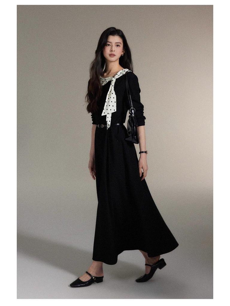 Nanyi French-Inspired Polka Dot Black Dress: Elegant Flowy Collar, Waist-Cinched Skirt for Women