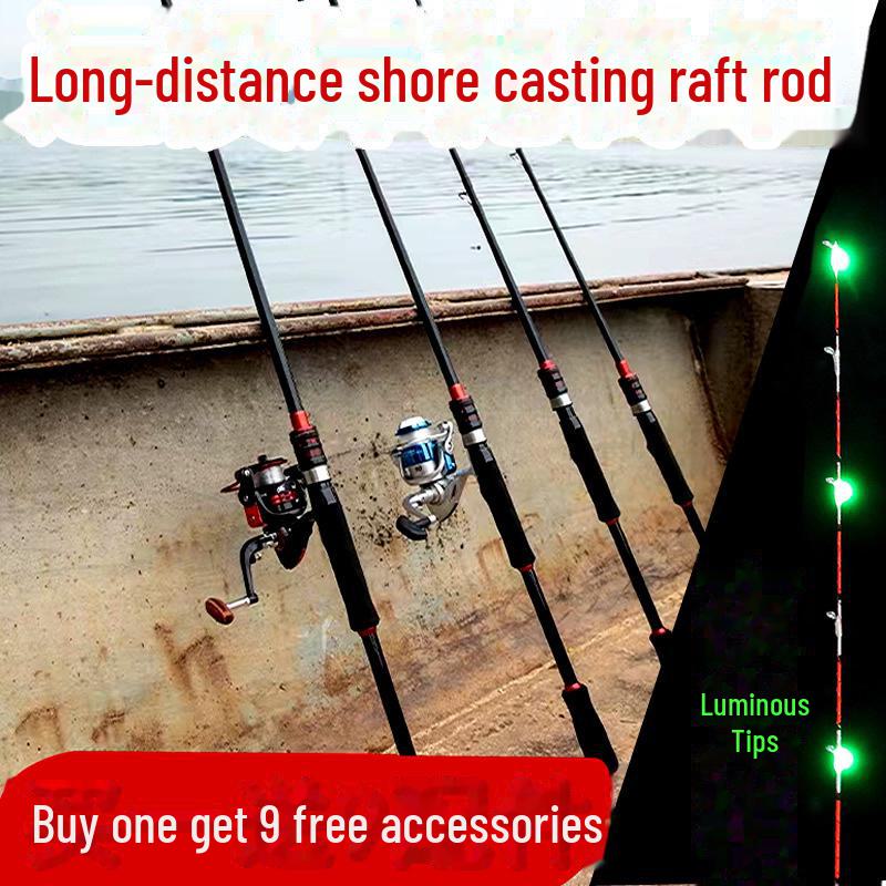 Long distance shore casting fishing rod set including soft tail, bridge, and sea rod for raft fishing.