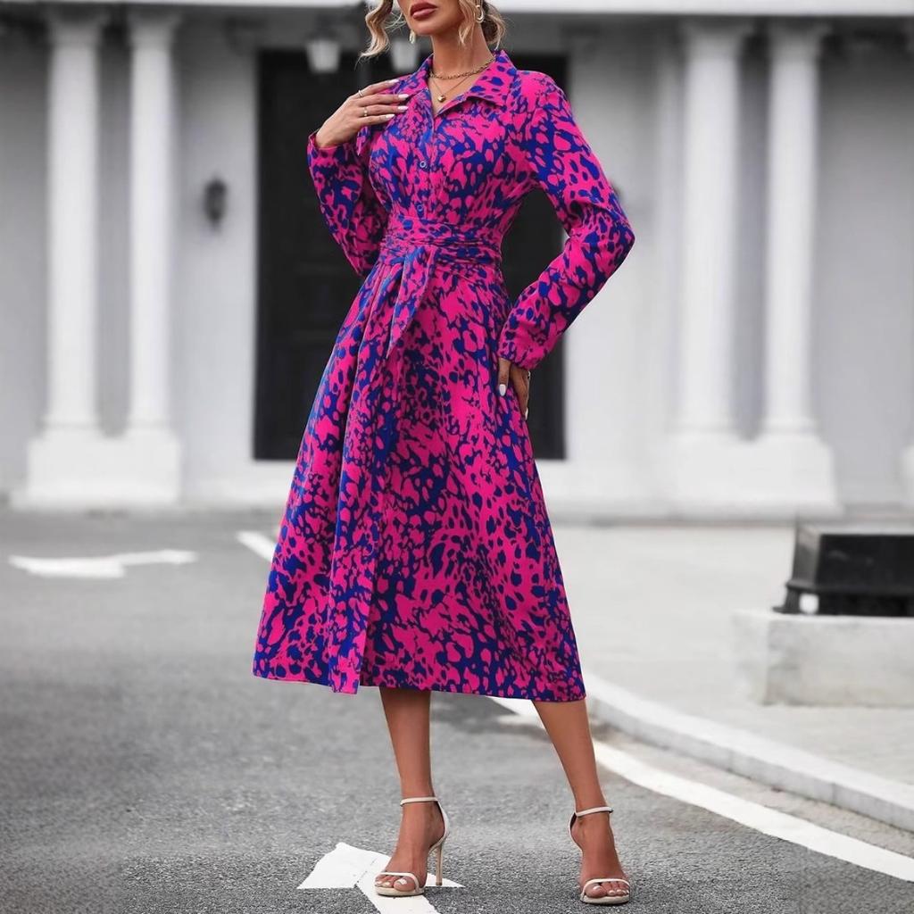 Women's Polo Collar Long Sleeve Midi Dress Slim Fit Mid Rise Elegant Printed Shirt Dress
