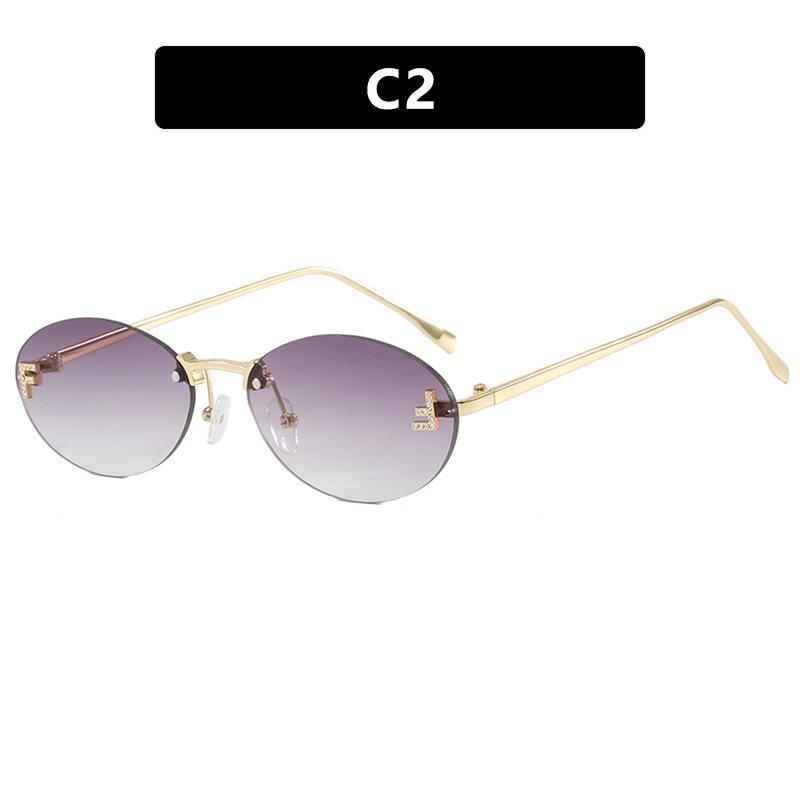Letter F Frameless Trim Sunglasses Oval Retro Small FrameTrendy Holiday Travelling Sunglasses Women Fashion Metal Sunglasses