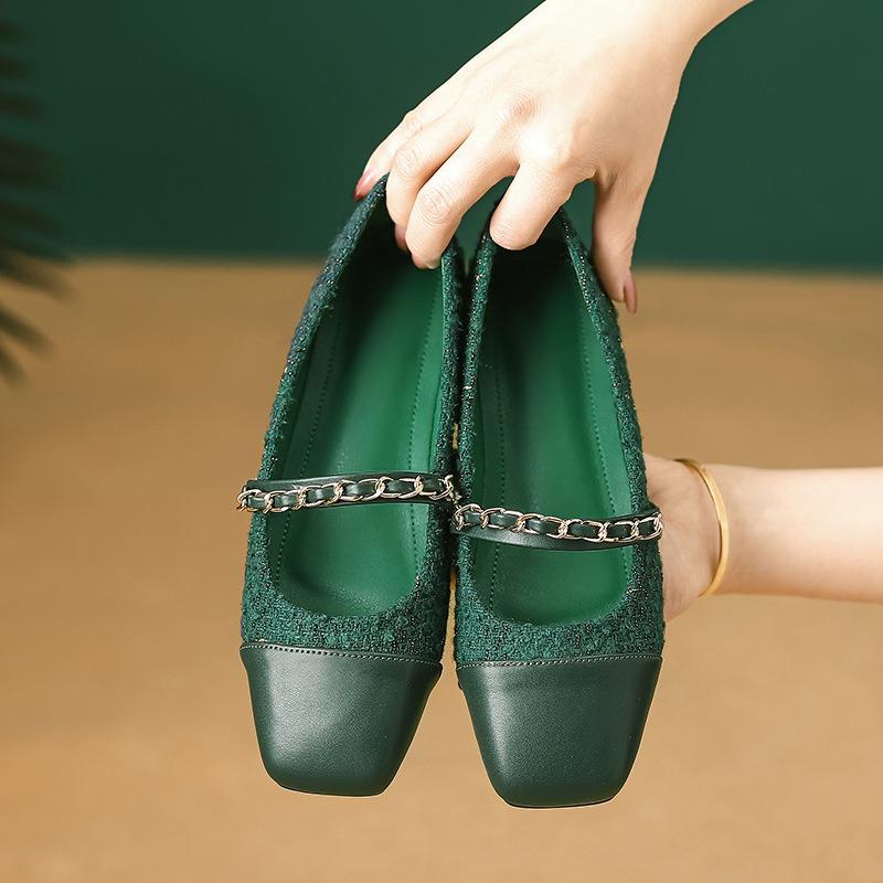 Women Mary Jane Shoes Elegant Tweed Chain Straps Flats French Square Toe Pumps Daily Soft Sole Slip-on Thin Shoes Casual Loafers