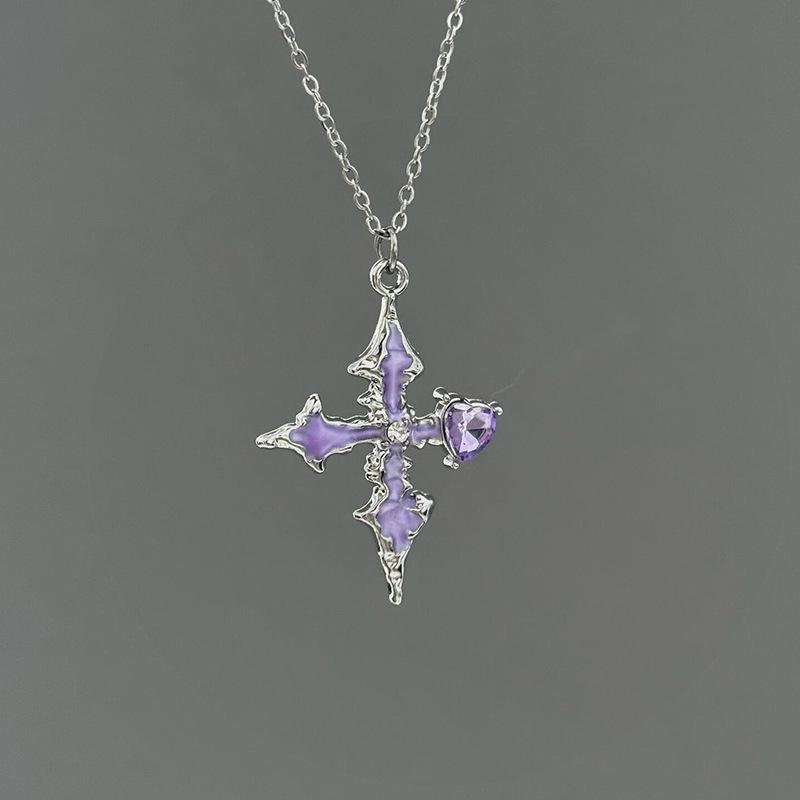 Y2K Purple Cross Zircon Heart Pendent Necklace for Women Dark Black Sweet Cool Clavicle Chain Butterfly Necklace Choker Jewelry