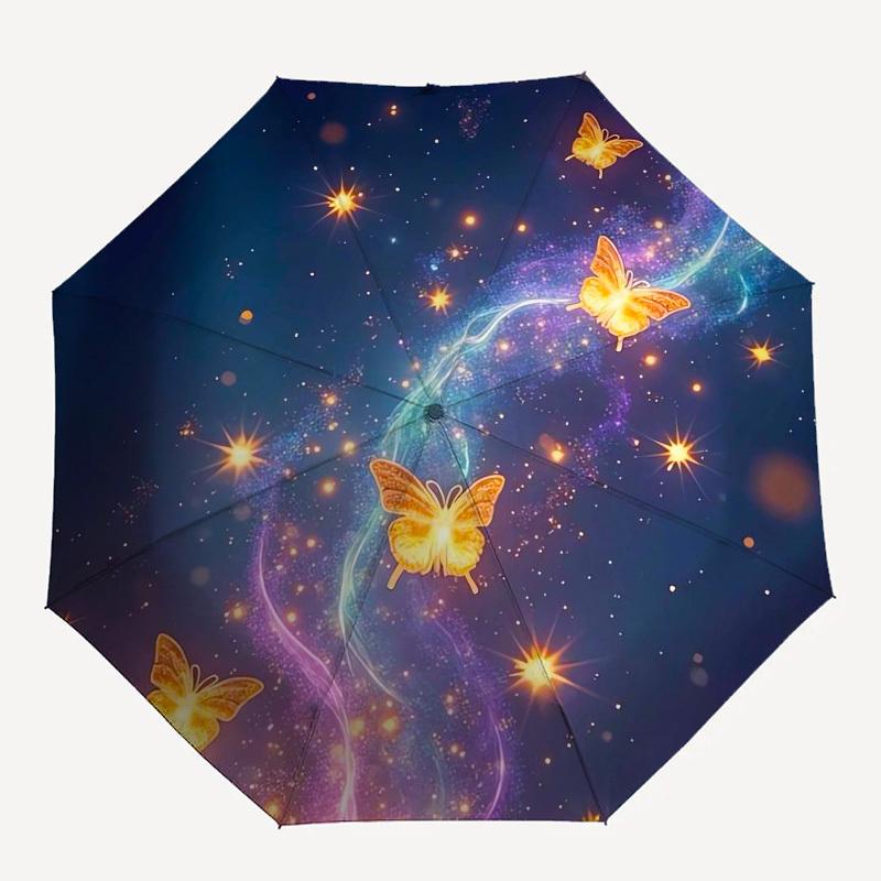 1pc Butterflies Flying in Starry Sky Umbrella with Plastic Handle,Suitable for All Seasons Home Travel Outdoor UmbrellaM1280