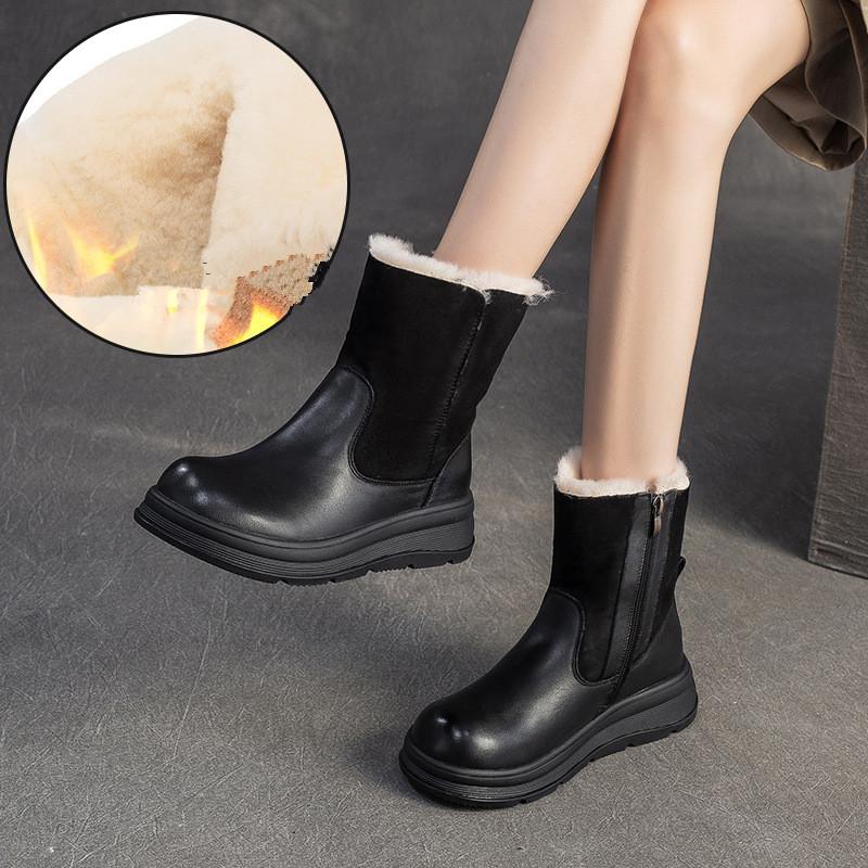 Johnature Retro Wool Warm Short Boots Genuine Leather Round Toe Side Zipper Thick Bottom Women's Shoes